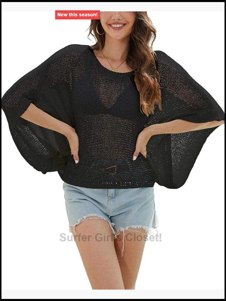 Crochet Swimsuit Coverup Batwing Sleeve Mesh Knit Top Beach Vacation Outfit